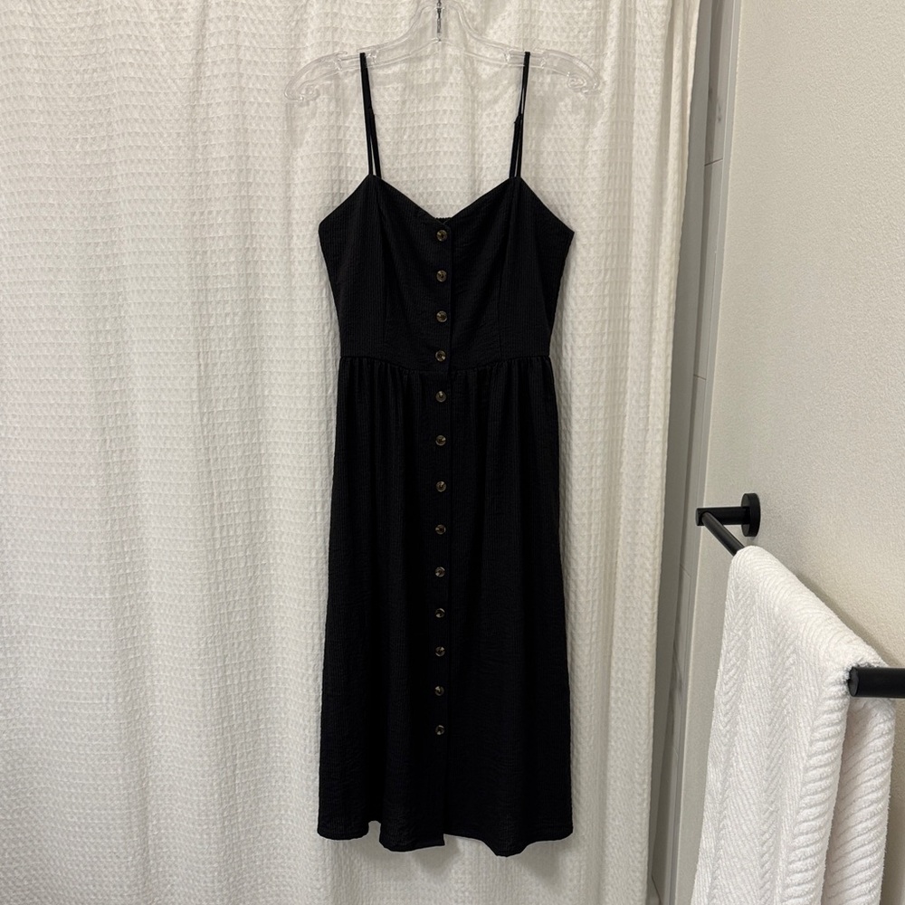 H&M Black Fit & Flair Midi Dress with Buttons, Smocked Back